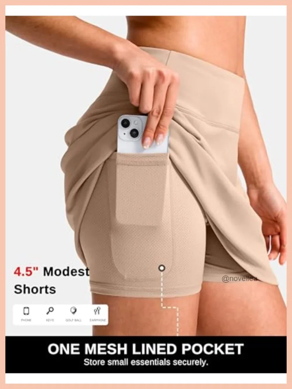 Active Skort with 3 Pockets, High Waisted A-Line, Side Slits, Polyester Blend